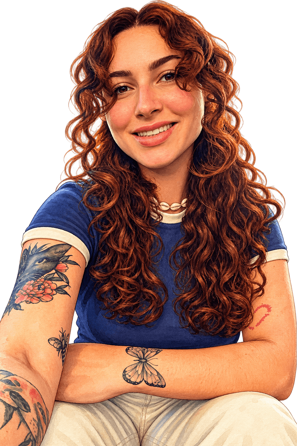 Mulher de cabelo ruivo cacheado retratada em ilustração