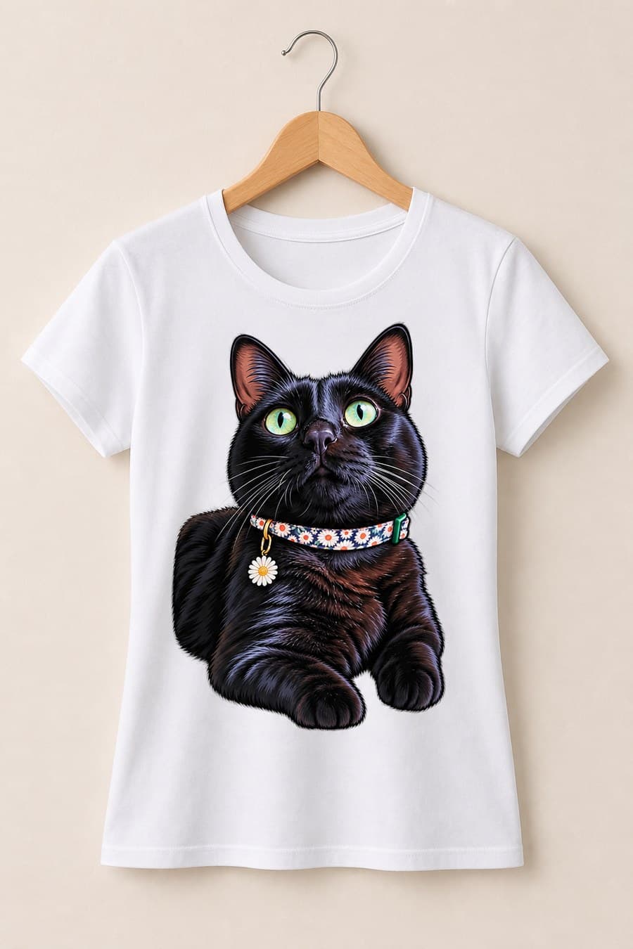Babylook branca com ilustração de gata preta estampada no peito